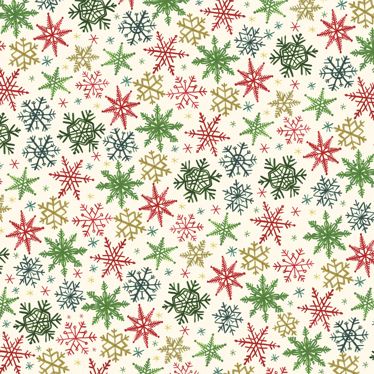 Side B - Red, green, and gold hand-drawn snowflakes on an off-white background