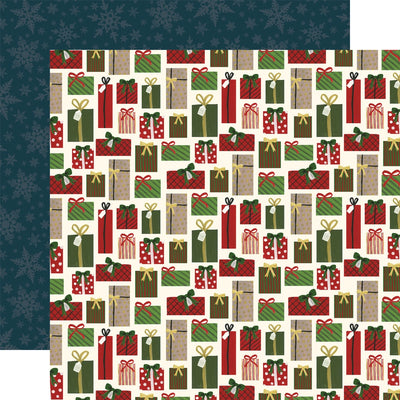 Multi-Colored (Side A - Red and green Christmas presents with bows on an off-white background, Side B - navy snowflakes on a dark navy background)