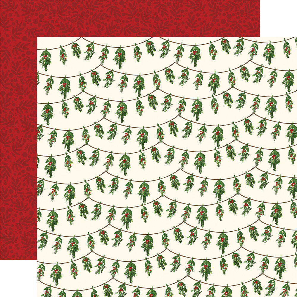 (Side A - rows of hanging mistletoe with red berries on an off-white background, Side B - dark red berries and leaves on a red background)