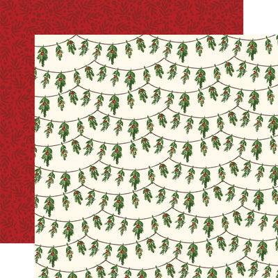 (Side A - rows of hanging mistletoe with red berries on an off-white background, Side B - dark red berries and leaves on a red background)