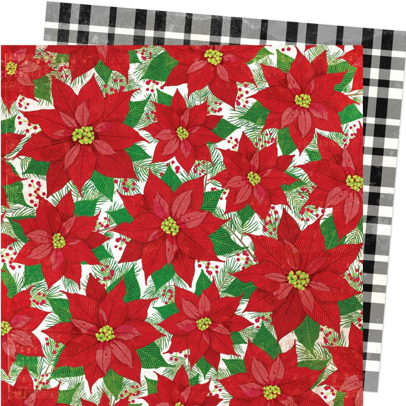 (Side A - Christmas poinsettias with pine boughs & berries on a distressed white background, Side B - large black & white plaid)