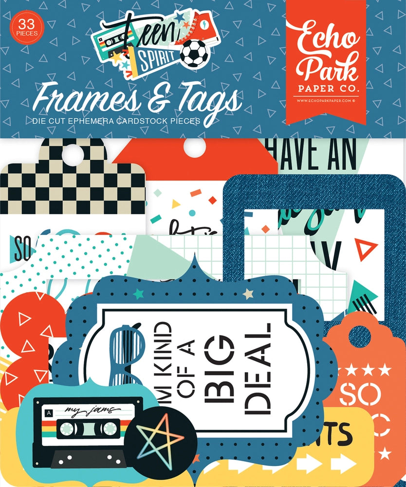 Teen Spirit Frames & Tags Die Cut Cardstock Pack. Pack includes 33 different die-cut shapes ready to embellish any project. Package size is 4.5" x 5.25"