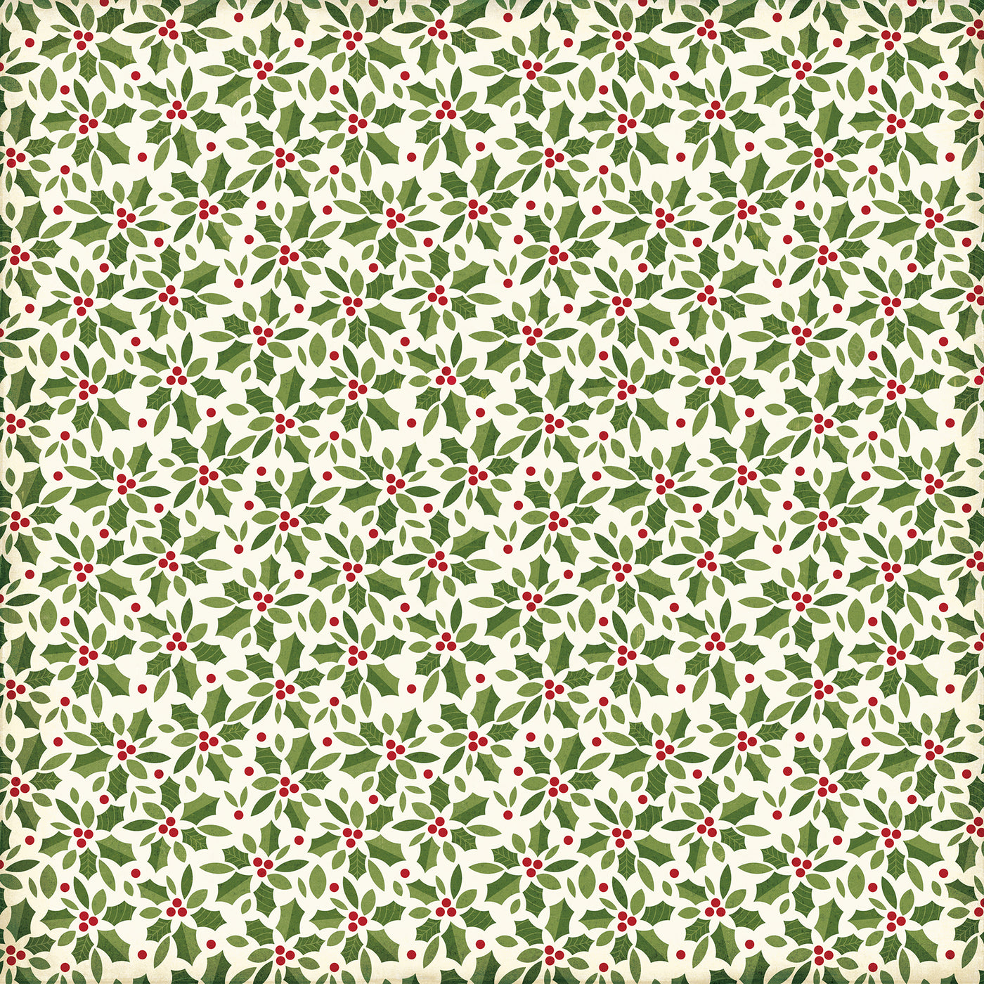 Side A - green holly with red berries all over an off-white background