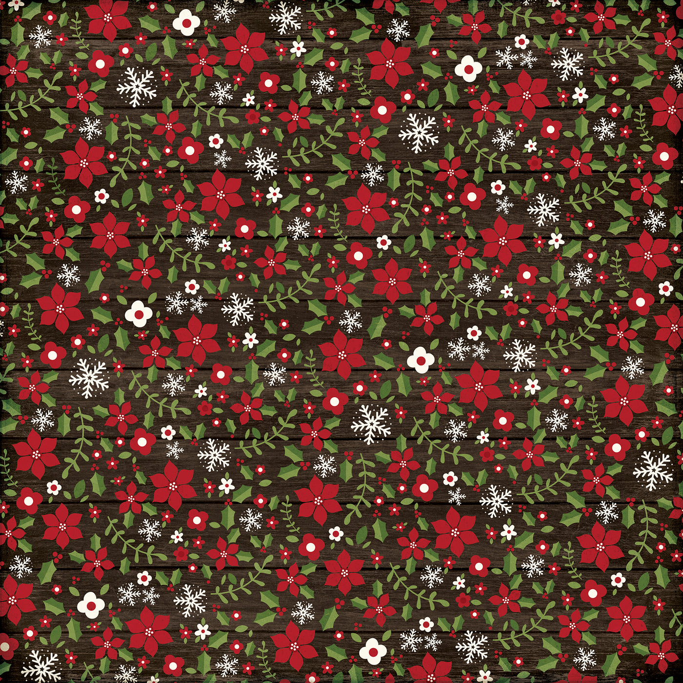 Side A - red Christmas floral with white snowflakes on a dark wood grain background