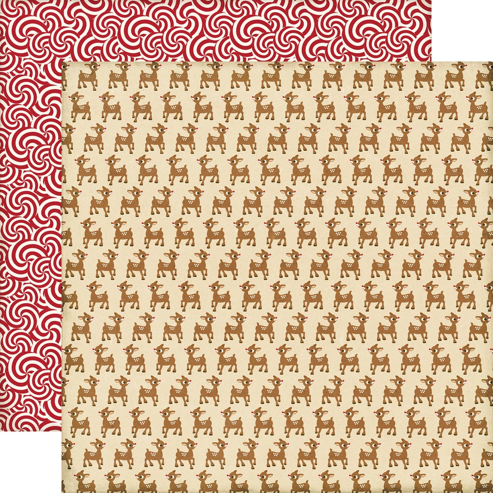 Multi-Colored (Side A - rows of reindeer with red noses on a tan background, Side B - red and white peppermint candy swirls)