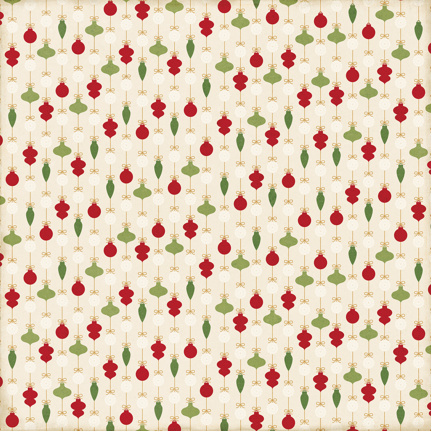 B - red and green ornaments on an off-white background