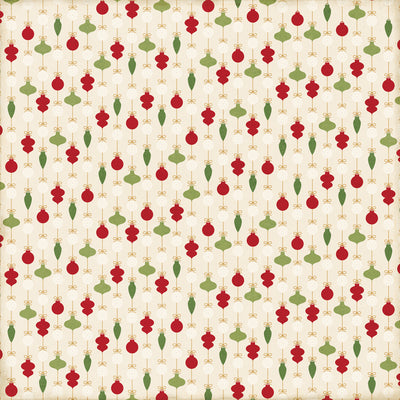 B - red and green ornaments on an off-white background