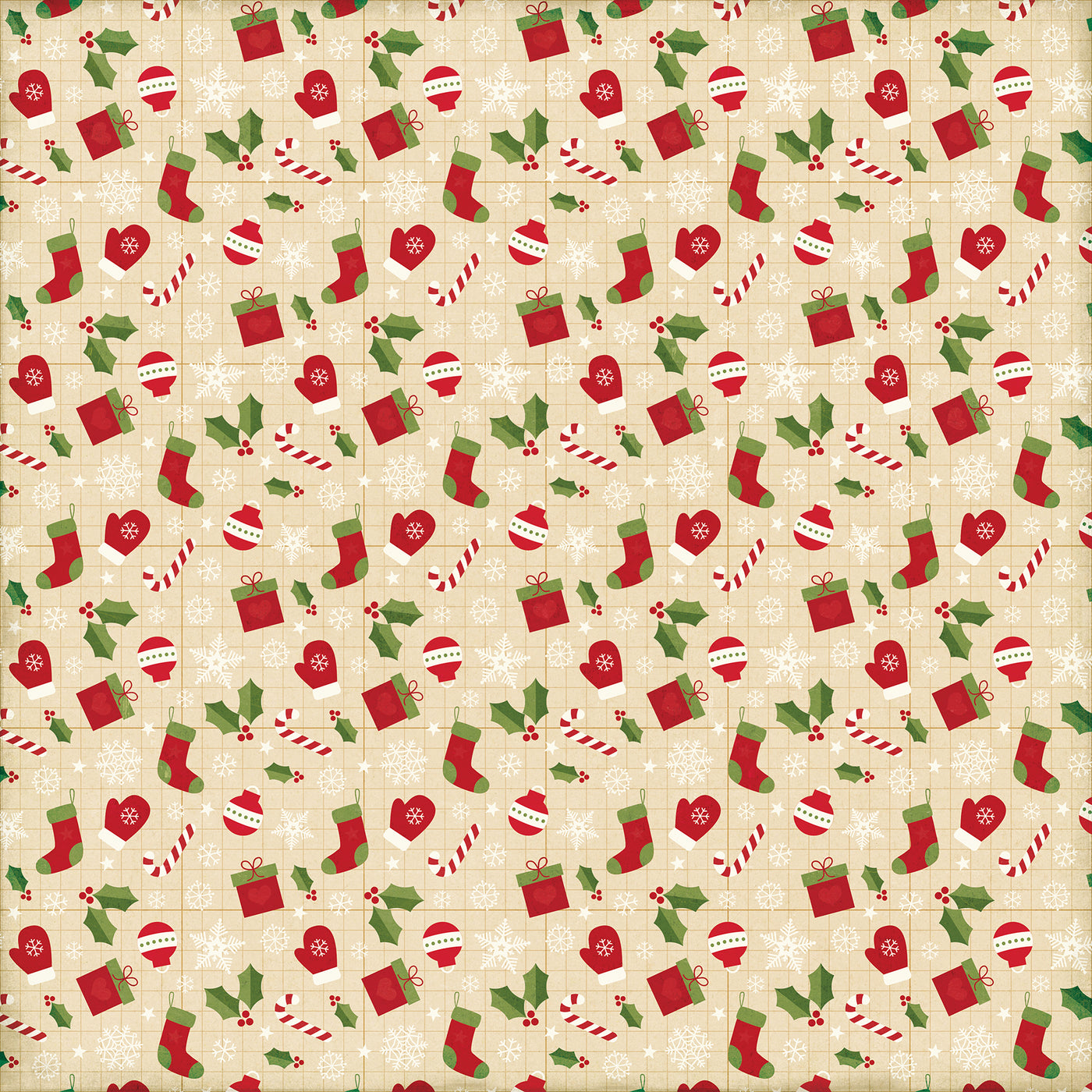 Side A - Christmas icons, stockings, mittens, candy canes, and holly on a tan background