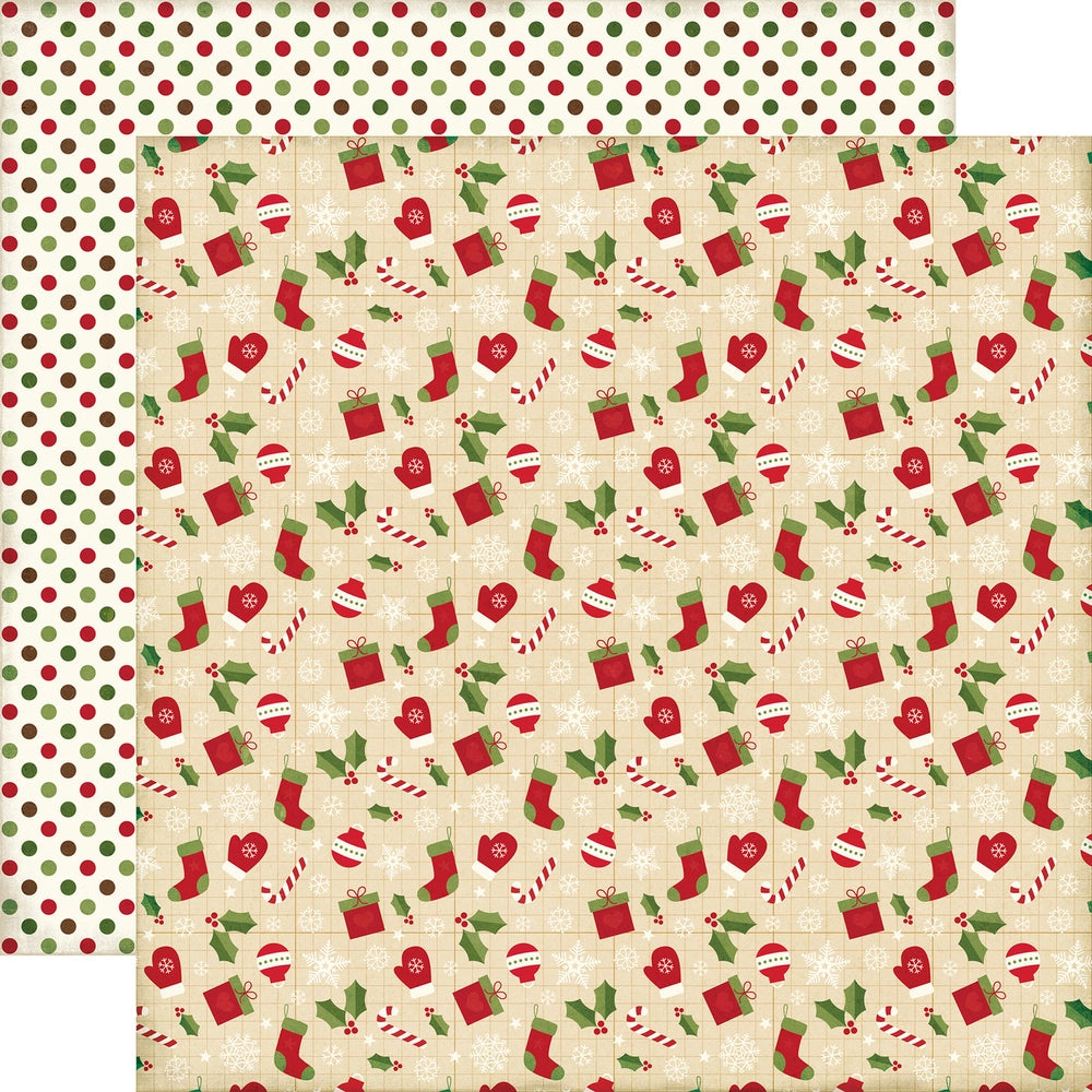 Multi-Colored (Side A - Christmas icons, stockings, mittens, candy canes, and holly on a tan background, Side B - red and green polka dots on an off-white background)