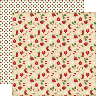 Multi-Colored (Side A - Christmas icons, stockings, mittens, candy canes, and holly on a tan background, Side B - red and green polka dots on an off-white background)