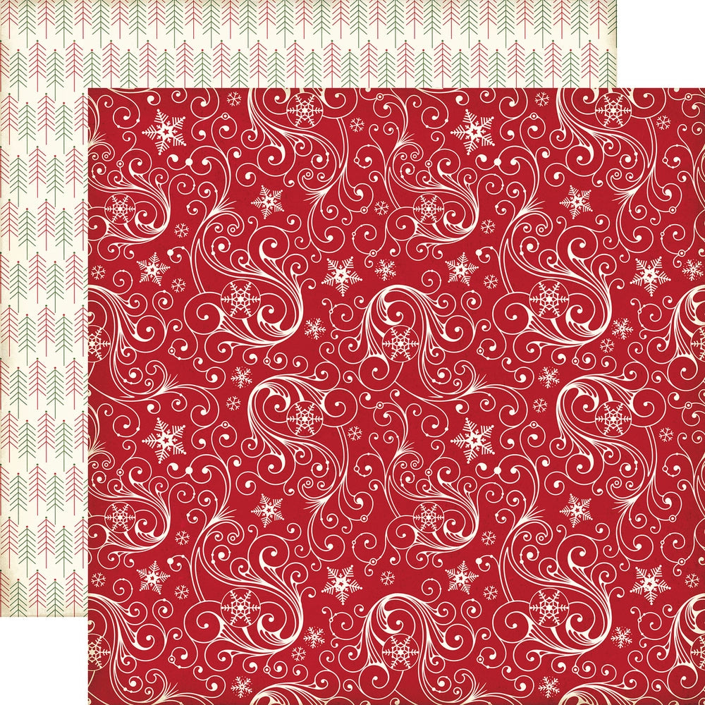 Multi-Colored (Side A - white swirls, snowflakes, and stars on a red background, Side B - rows of red and green pine trees on an off-white background)