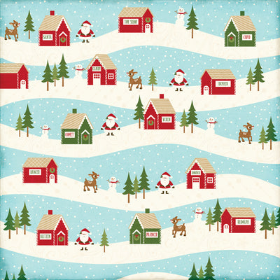 Side A - rows of snow with Christmas village scene and Santa clause on a light blue background