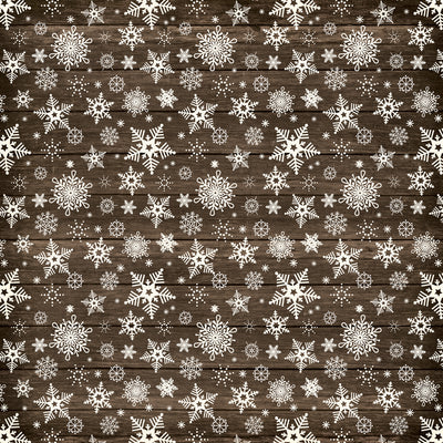 Side B - white snowflakes all over a dark woodgrain background