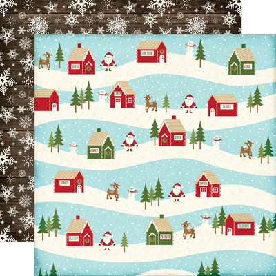 Multi-Colored (Side A - rows of snow with Christmas village scene and Santa clause on a light blue background, Side B - white snowflakes all over a dark woodgrain background)