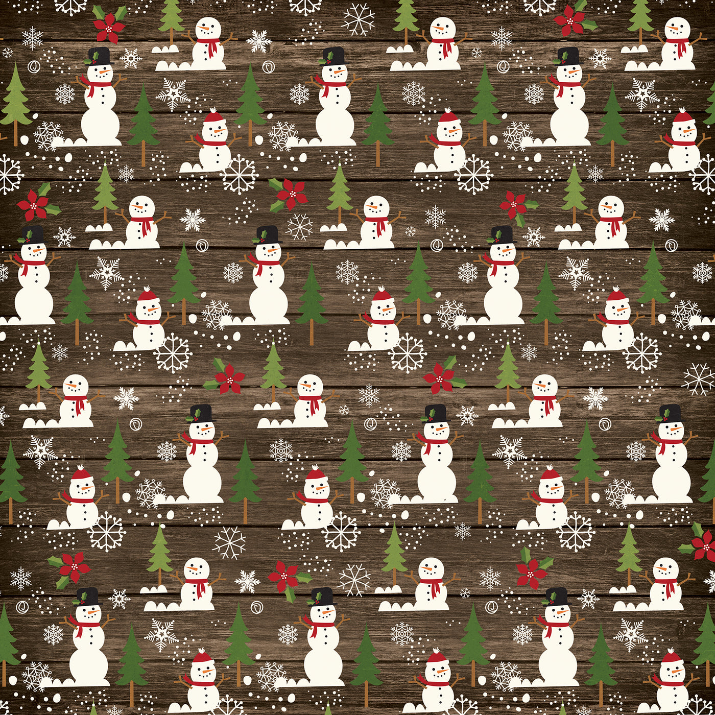Side A - rows of snowmen and pine trees with snowflakes on a dark brown woodgrain background