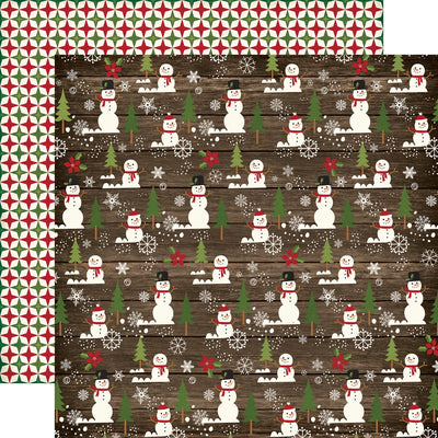 Multi-Colored (Side A - rows of snowmen and pine trees with snowflakes on a dark brown woodgrain background, Side B - red, green, and off-white, geometric diamond pattern)