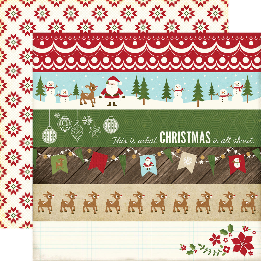 Multi-Colored (Side A - Christmas border strips and phrases on an off-white background, Side B - red and green quilted pattern on an off-white background)