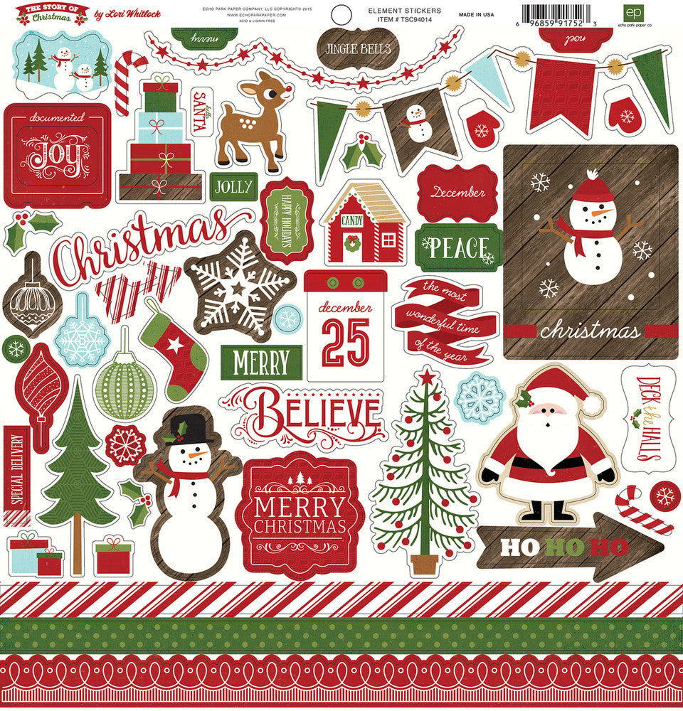 A Perfect Christmas Elements 12" x 12" Cardstock Stickers from The Story of Christmas Collection by Echo Park. This set of stickers includes Rudolph the Red-Nosed Reindeer, Santa, a Christmas tree, snowmen, ornaments, gifts, and more!  