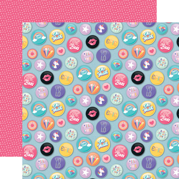 Epic Buttons patterned cardstock (teen phrases emojis and images on buttons all over a turquoise blue background with white sprinkles pattern on a bubblegum pink background reverse)