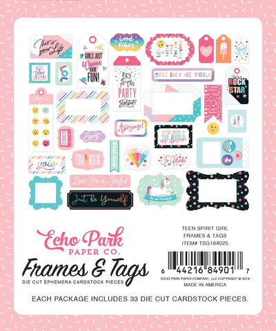 Teen Spirit Girl Frames & Tags Die Cut Cardstock Pack. Pack includes 33 different die-cut shapes ready to embellish any project. Package size is 4.5" x 5.25"