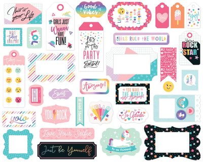 Teen Spirit Girl Frames & Tags Die Cut Cardstock Pack. Pack includes 33 different die-cut shapes ready to embellish any project. Package size is 4.5" x 5.25"