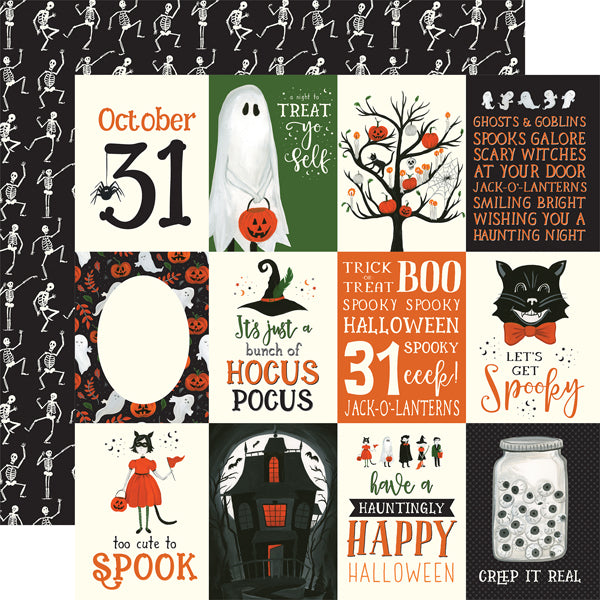 12x12 Double sided pattern paper. Trick or Treat theme journaling cards on one side, dancing skeletons on a black background on reverse side.