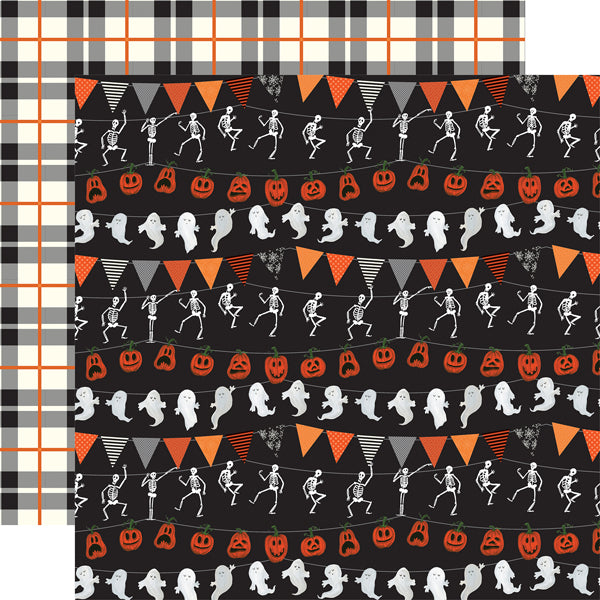 12x12 double sided pattern paper. Halloween banners on black background on one side, black and orange plaid on cream background.