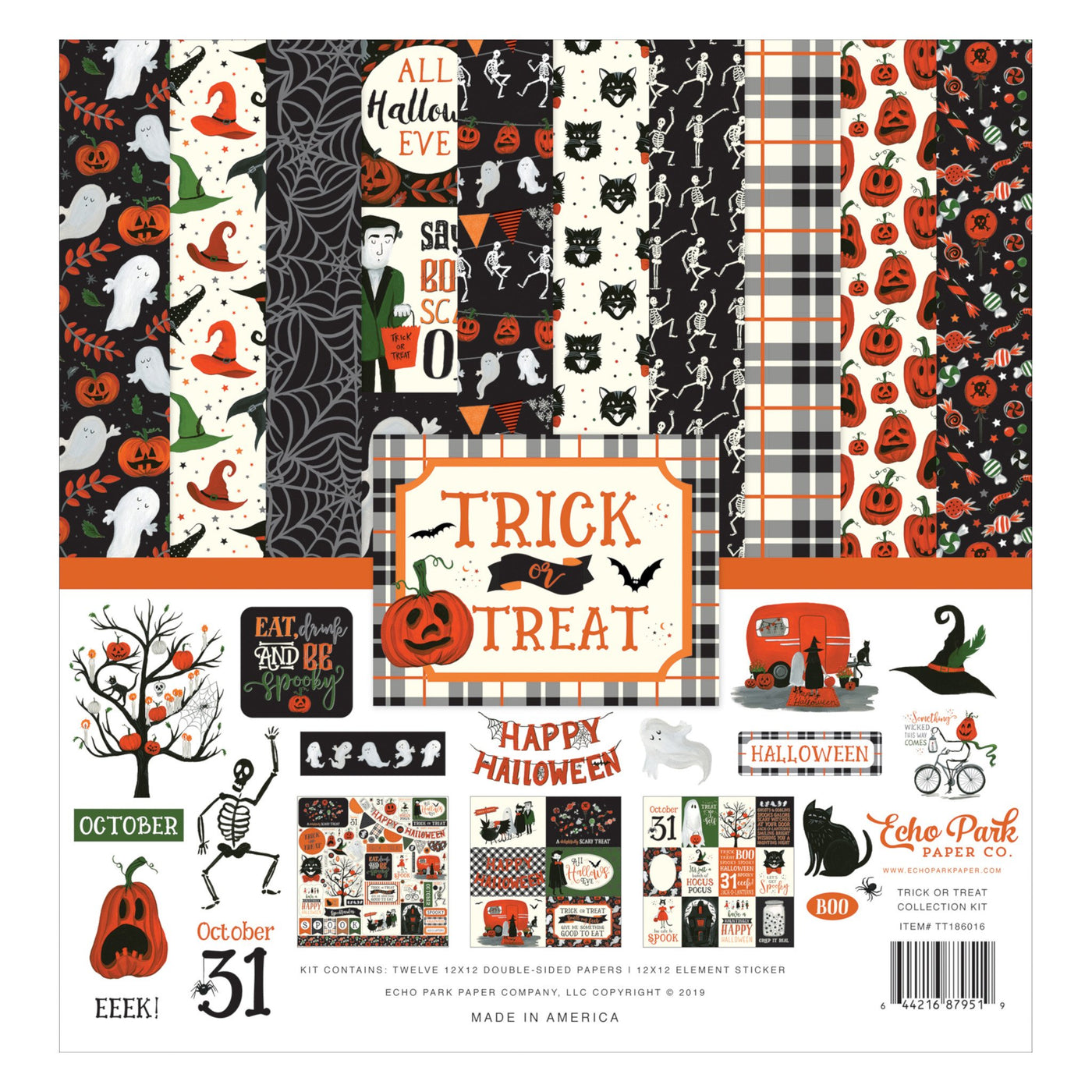 Trick or Treat Collection Kit by Echo Park Paper includes 12 unique sheets of double-sided paper with Halloween themes