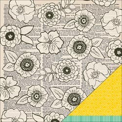 Double-sided patterned paper. Side A - Black and white newsprint with hand drawn flowers overlayed, Side B - Yellow cardstock with thin white pattern.