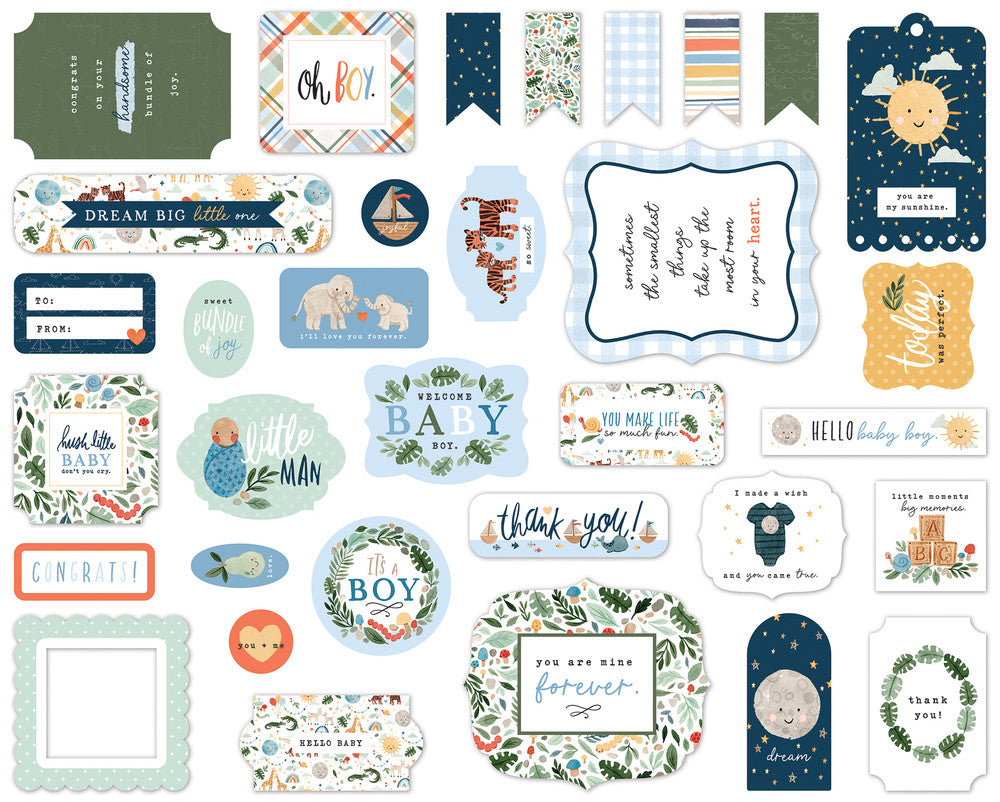 Welcome Baby Boy Ephemera Die Cut Cardstock Pack includes 33 different die-cut shapes ready to embellish any project. 