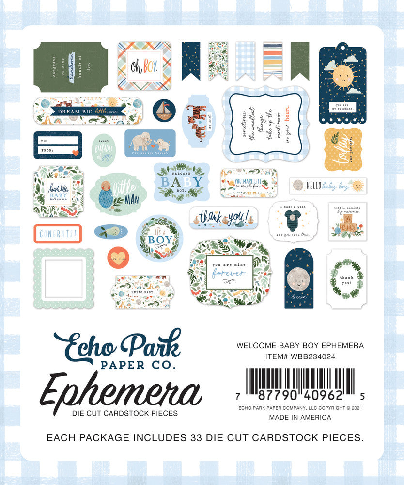 Welcome Baby Boy Ephemera Die Cut Cardstock Pack includes 33 different die-cut shapes ready to embellish any project. 