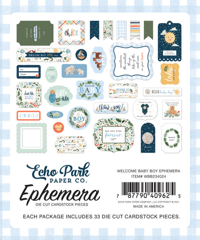 Welcome Baby Boy Ephemera Die Cut Cardstock Pack includes 33 different die-cut shapes ready to embellish any project. 