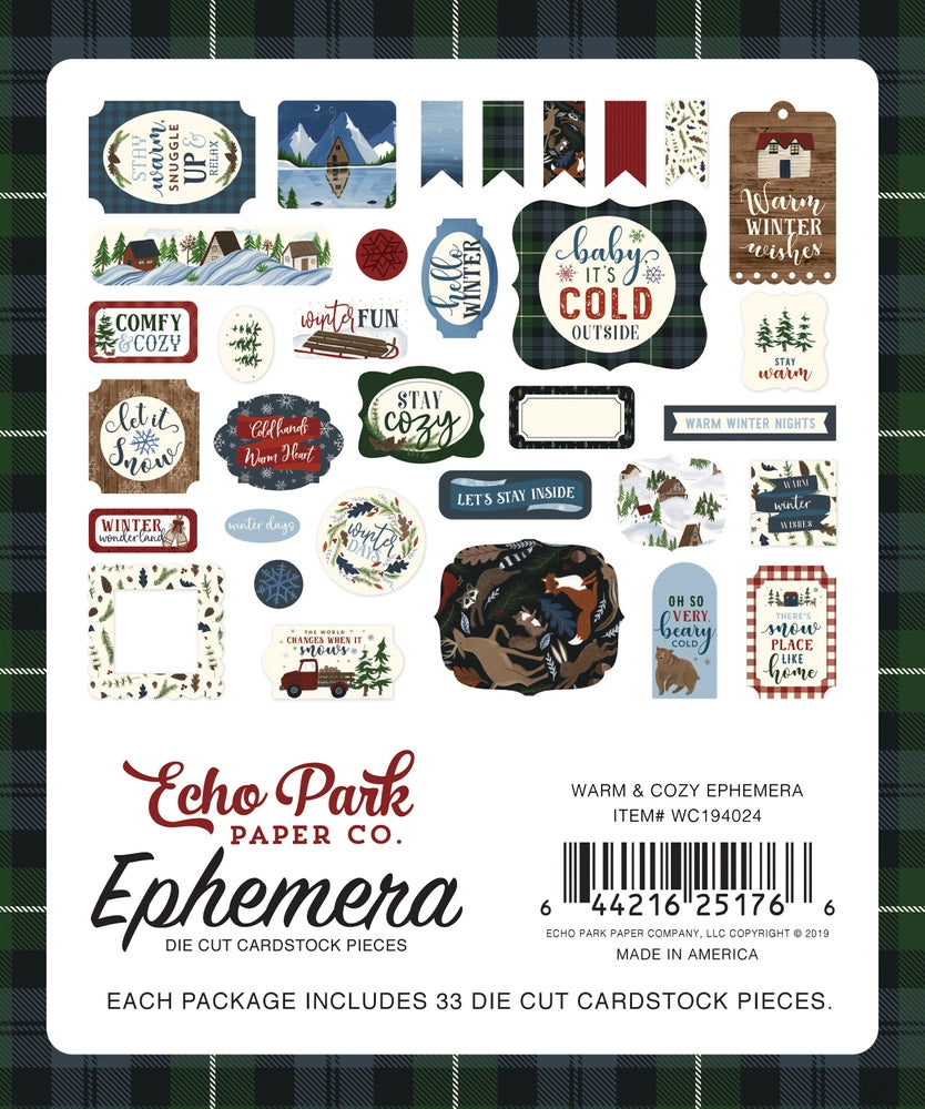 Warm & Cozy Ephemera Die Cut Cardstock Pack. Pack includes 33 different die-cut shapes ready to embellish any project. Package size is 4.5" x 5.25"