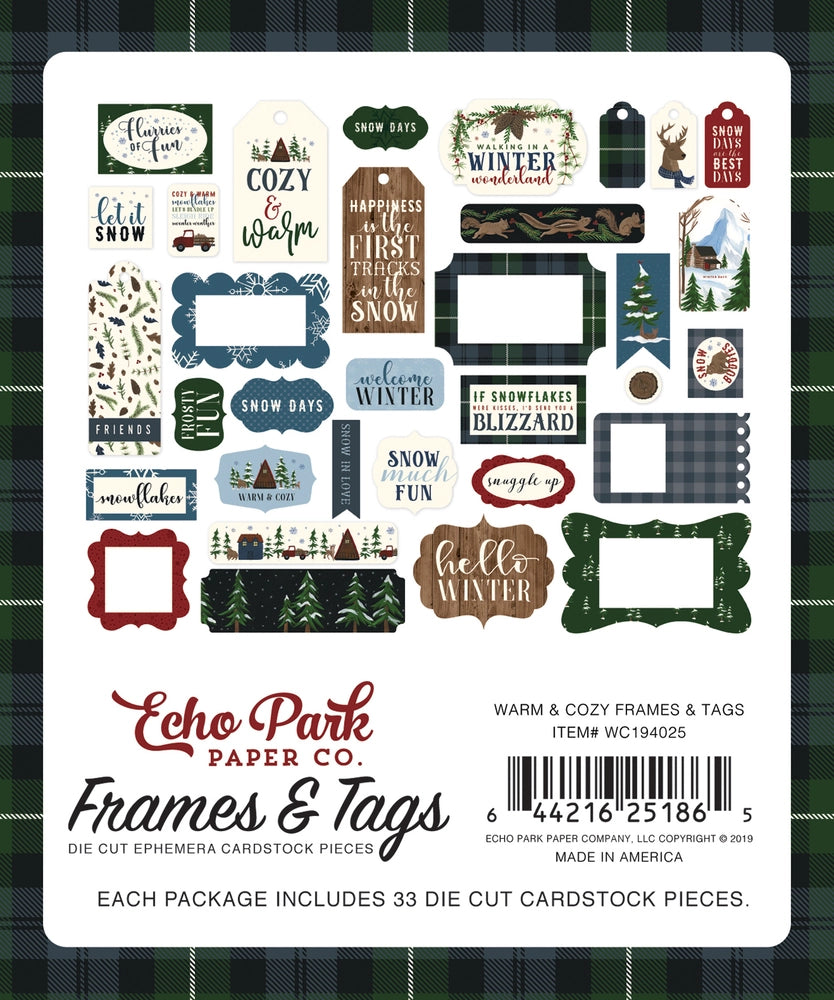 Warm & Cozy Frames & Tags Die Cut Cardstock Pack. Pack includes 33 different die-cut shapes ready to embellish any project. Package size is 4.5" x 5.25"