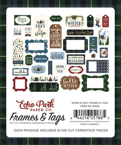 Warm & Cozy Frames & Tags Die Cut Cardstock Pack. Pack includes 33 different die-cut shapes ready to embellish any project. Package size is 4.5" x 5.25"