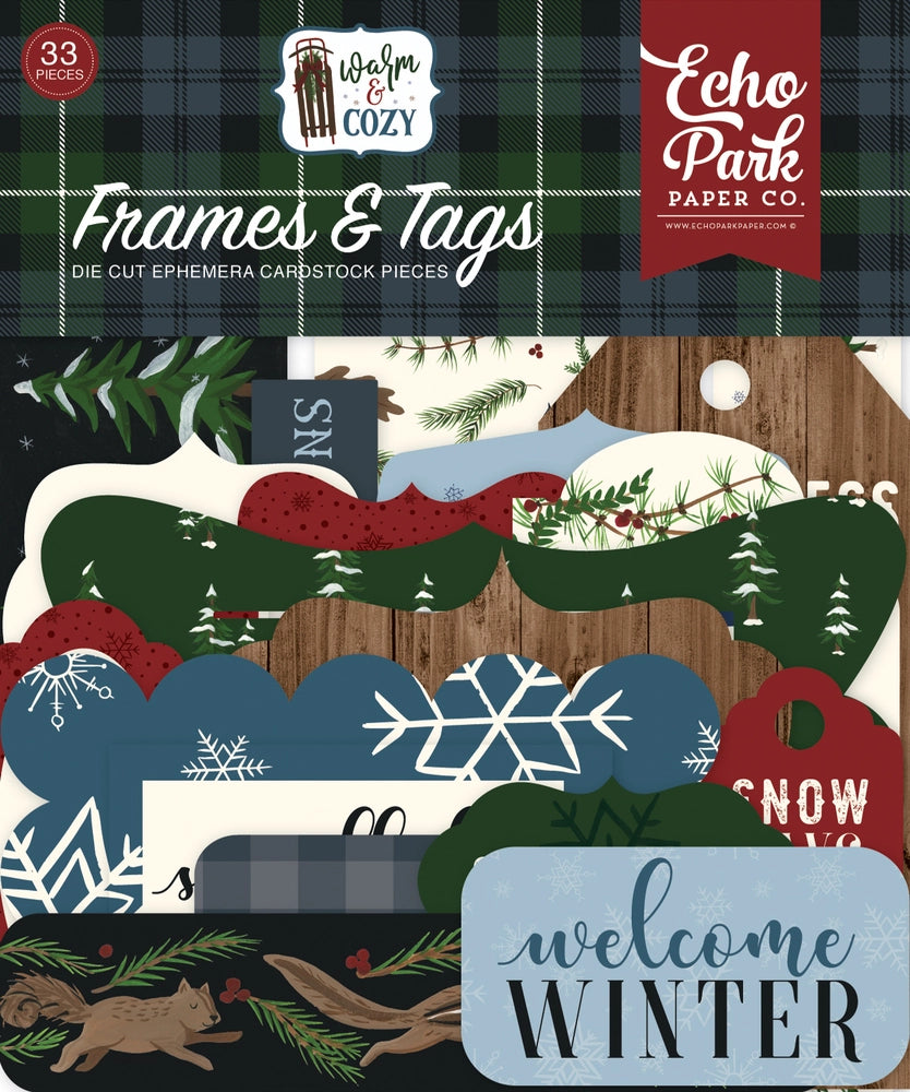 Warm & Cozy Frames & Tags Die Cut Cardstock Pack. Pack includes 33 different die-cut shapes ready to embellish any project. Package size is 4.5" x 5.25"