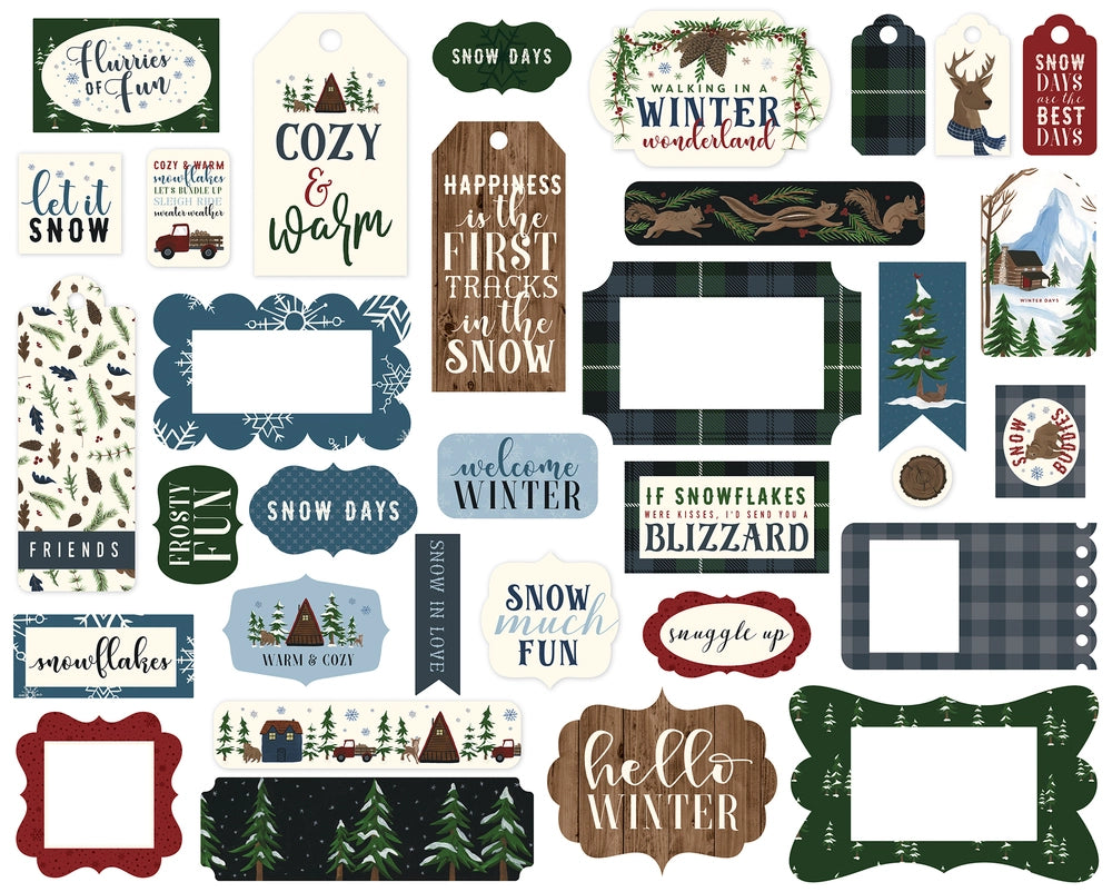 Warm & Cozy Frames & Tags Die Cut Cardstock Pack. Pack includes 33 different die-cut shapes ready to embellish any project. Package size is 4.5" x 5.25"