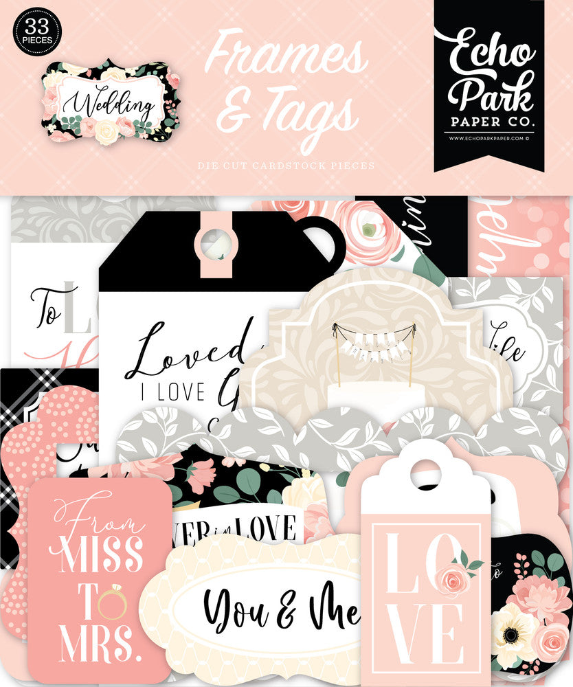 Wedding Frames and Tags Ephemera Die Cut Cardstock Pack includes 33 different die-cut shapes ready to embellish any project. 