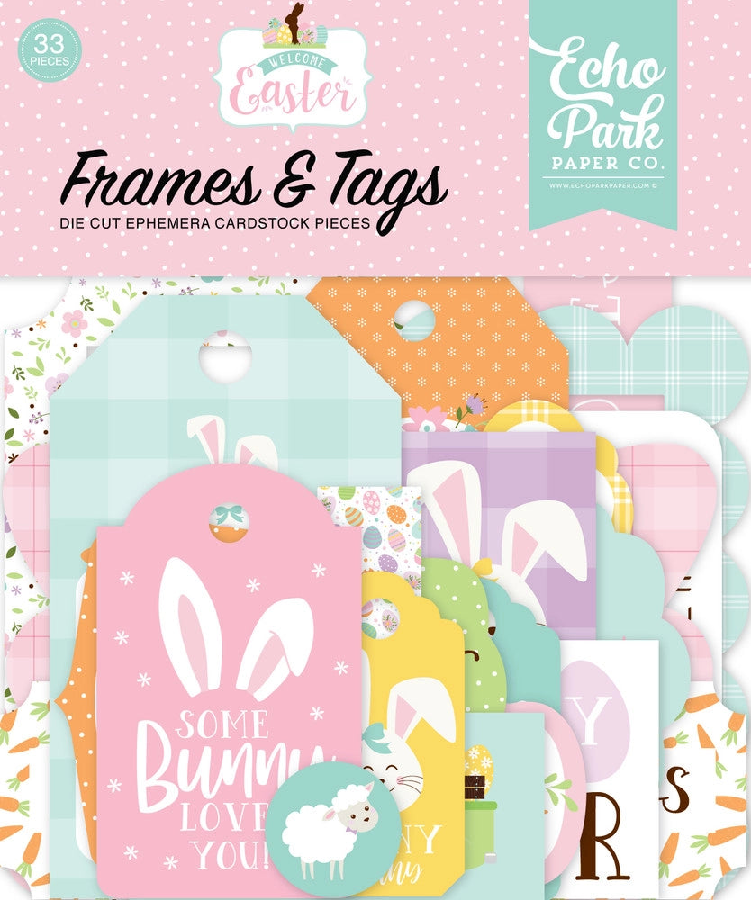 Welcome Easter Frames & Tags Die Cut Cardstock Pack. Pack includes 33 different die-cut shapes ready to embellish any project. Package size is 4.5" x 5.25"