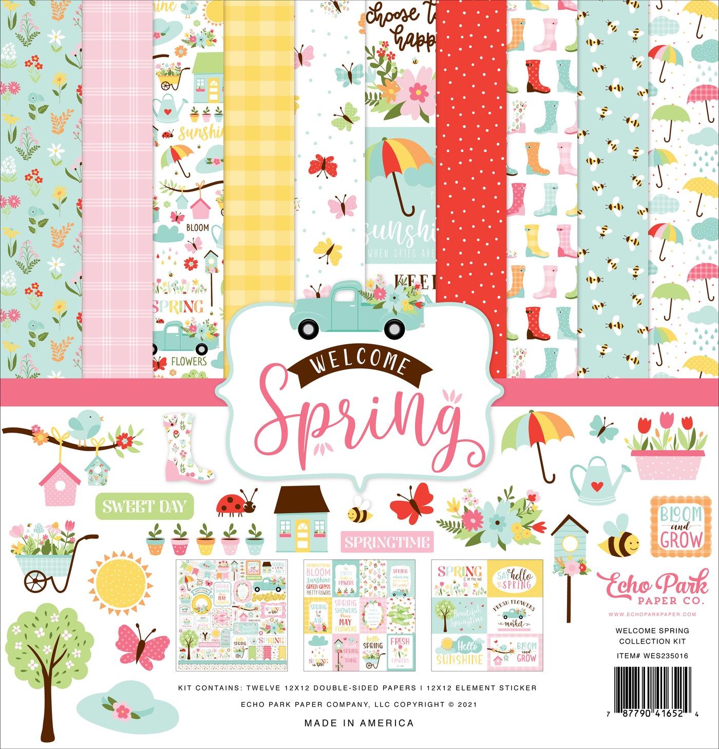  Welcome Spring Collection 12" x 12" Kit by Echo Park kit includes 12 double-sided sheets of paper and one 12" x 12" elements cardstock sheet with images of butterflies, umbrellas, rain clouds, bumblebees, houses, flowers, and more. 