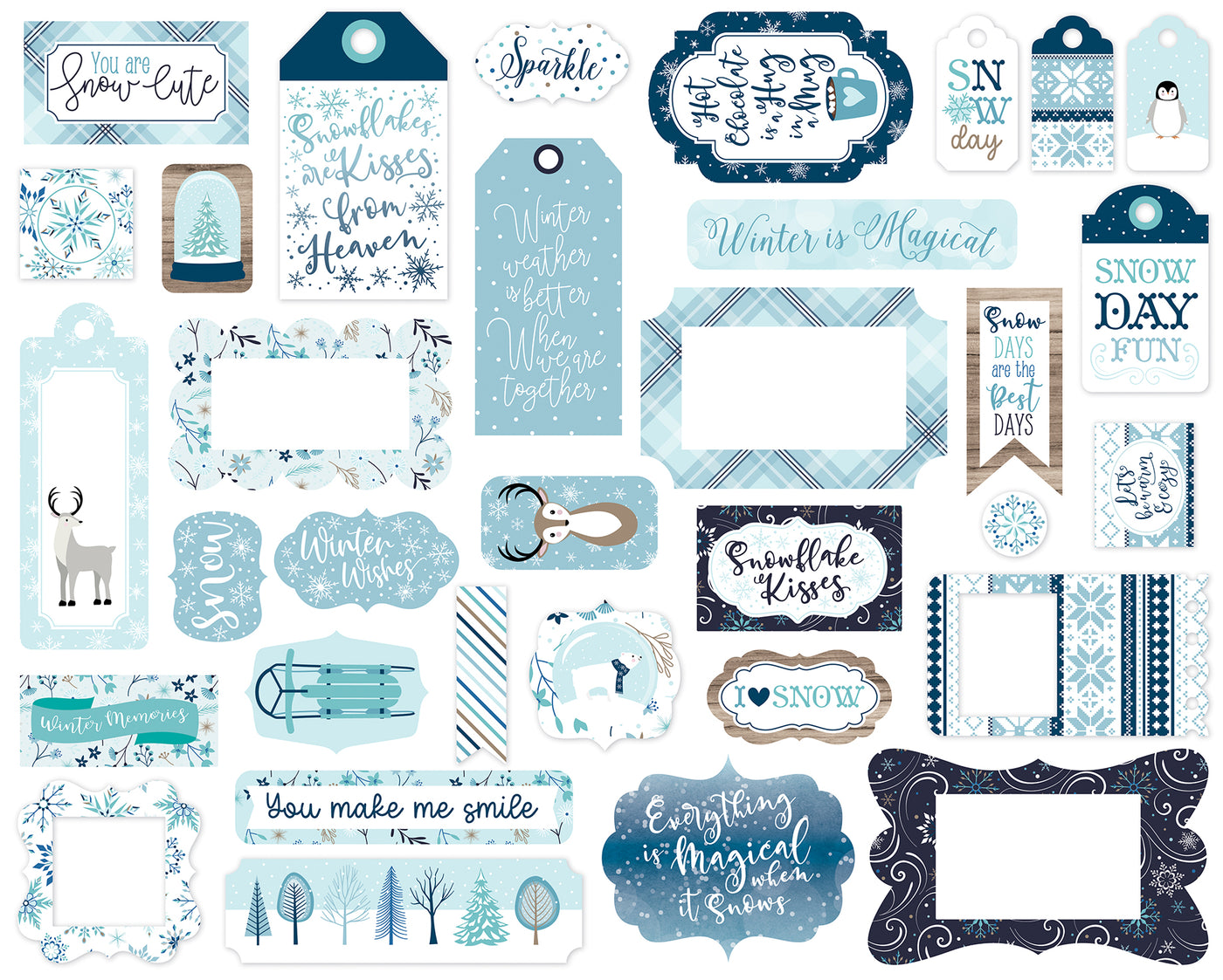 Winter Magic Frames & Tags Die Cut Cardstock Pack.  Pack includes 33 different die-cut shapes ready to embellish any project.