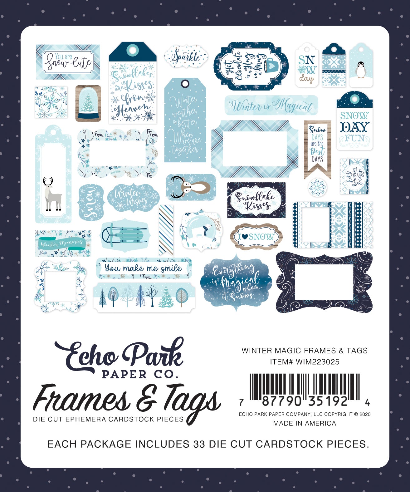 Winter Magic Frames & Tags Die Cut Cardstock Pack.  Pack includes 33 different die-cut shapes ready to embellish any project.