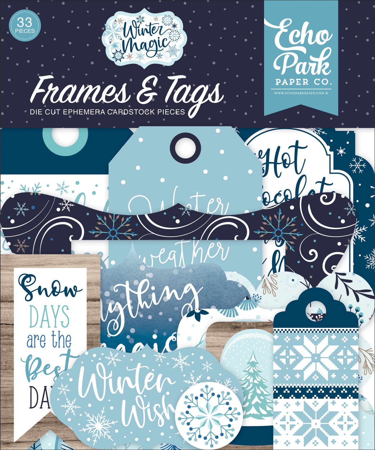 Winter Magic Frames & Tags Die Cut Cardstock Pack.  Pack includes 33 different die-cut shapes ready to embellish any project.