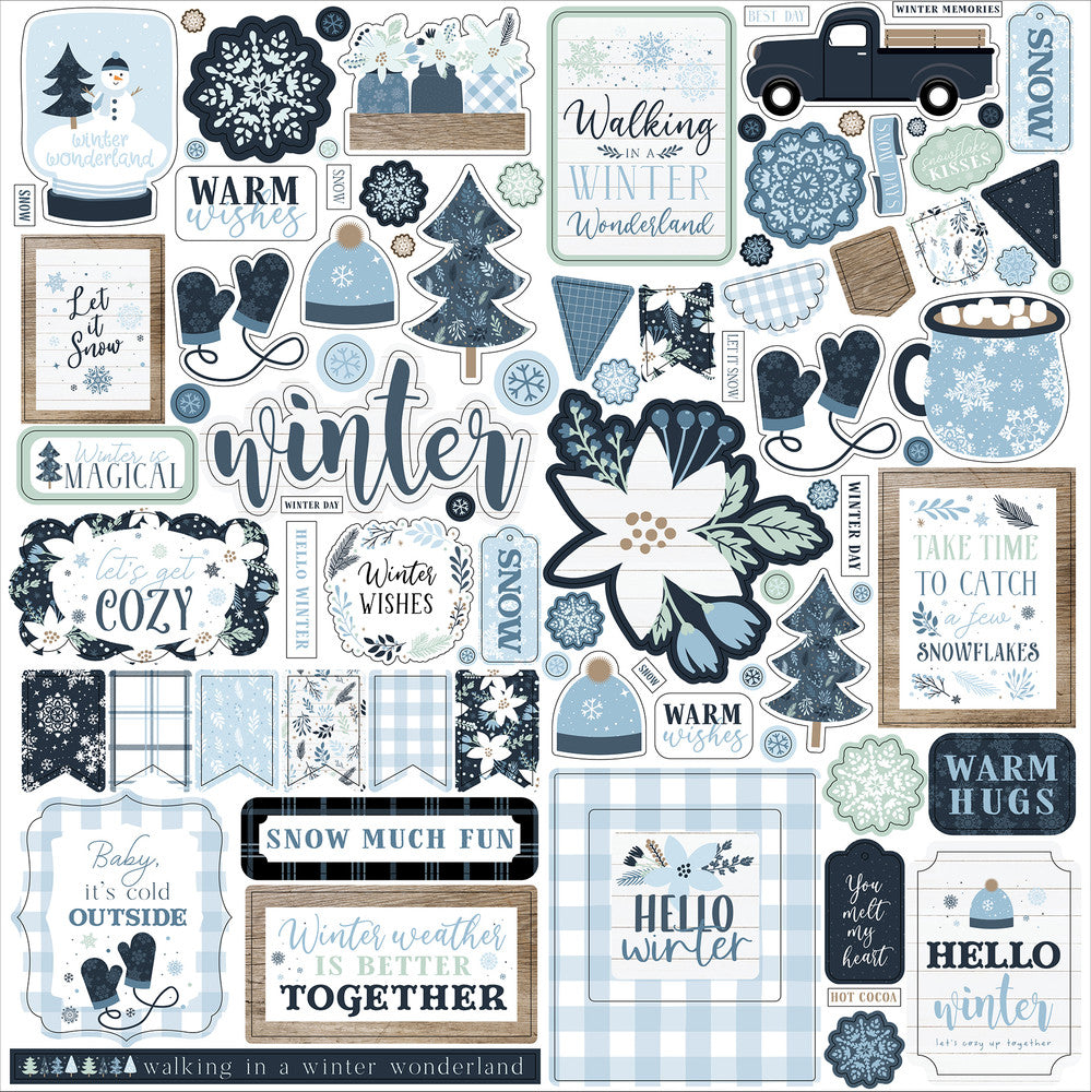 Winter Elements 12" x 12" Cardstock Stickers from the Winter Collection. The package includes one sheet of cardstock stickers with images of phrases, mittens, snowflakes, and more. 