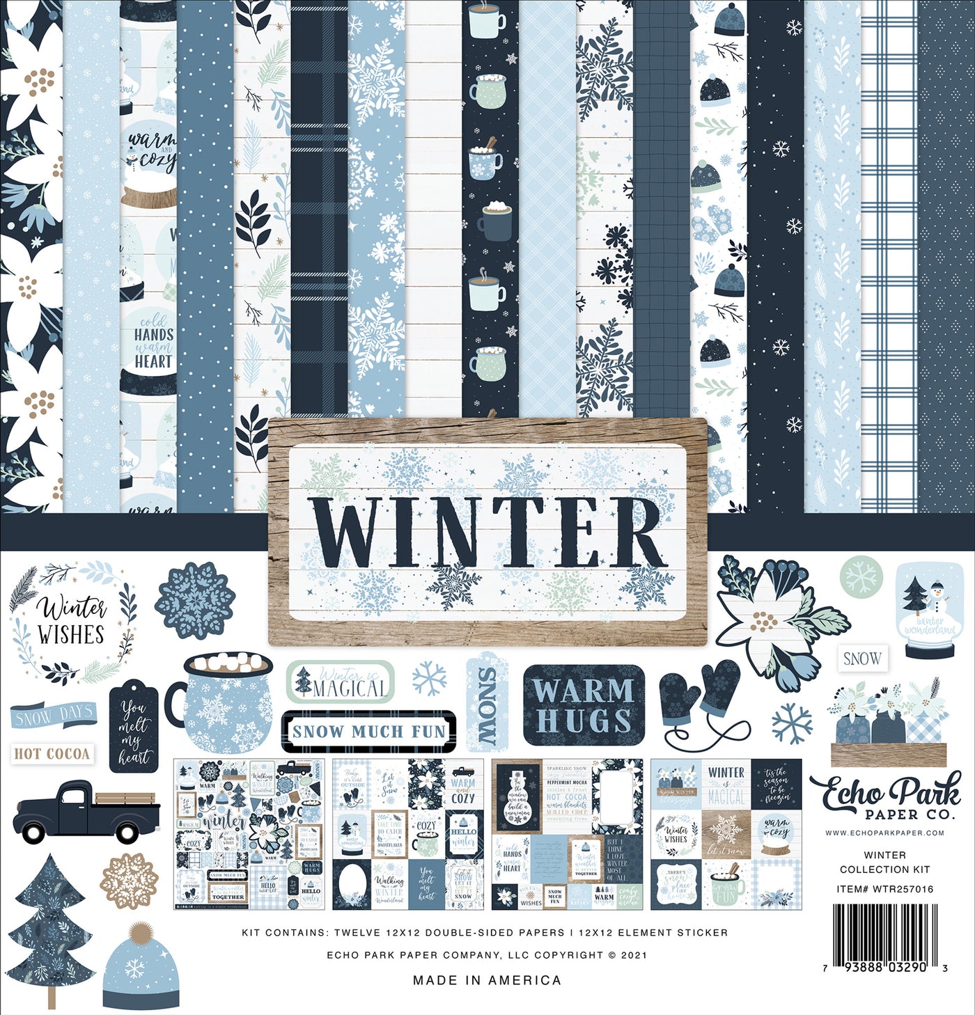 Outdoor winter fun featured twelve unique double-sided, 12x12 pages for seasonal paper crafting. Each kit has a 12x12 element sticker sheet.