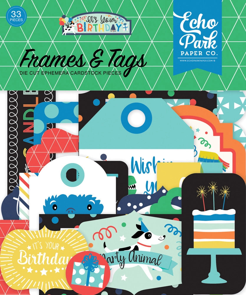 It's Your Birthday Boy Frames & Tags Die Cut Cardstock Pack. Pack includes 33 different die-cut shapes ready to embellish any project. Package size is 4.5" x 5.25"