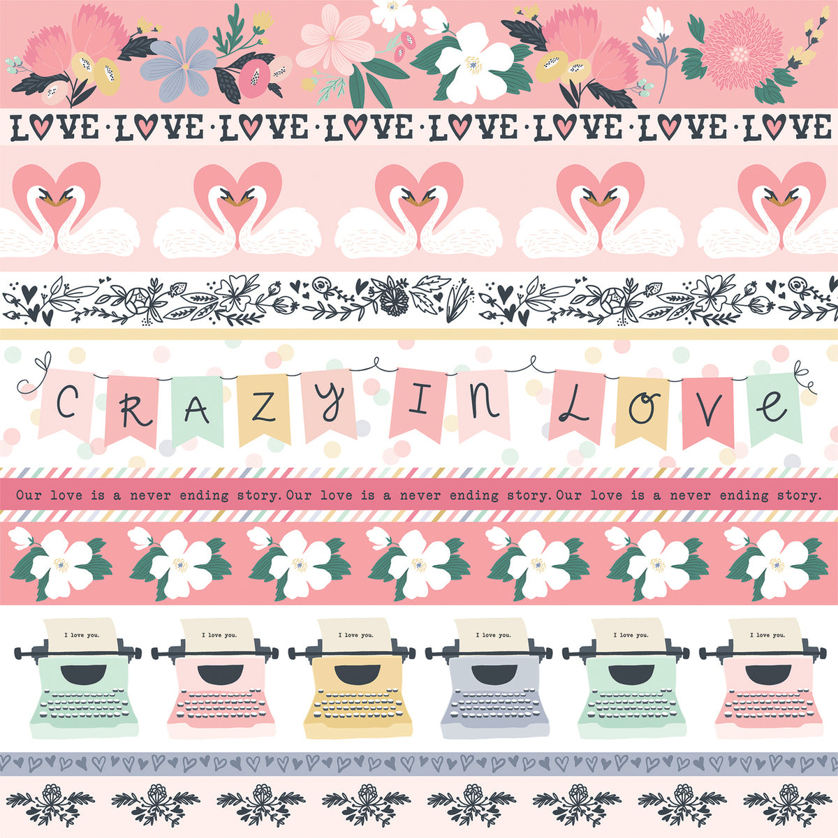12x12 cardstock features 10 border strips with Valentine's and romance theme from Echo Park Paper