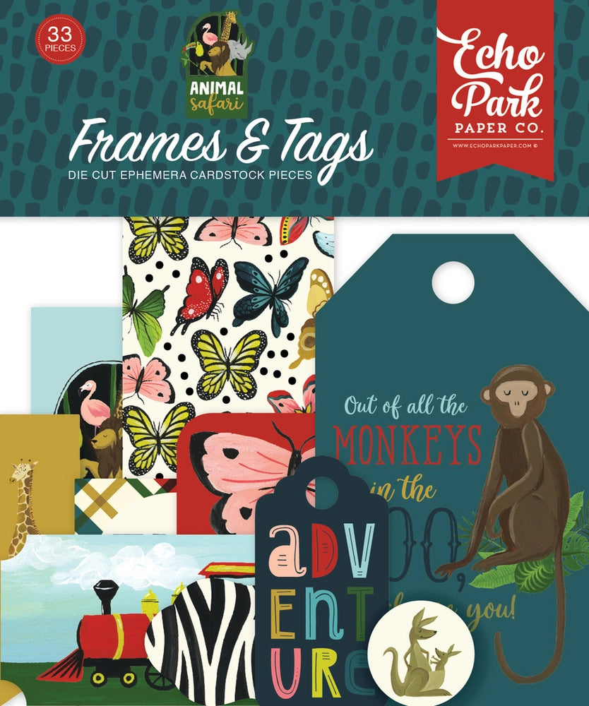 Animal Safari Frames & Tags Die Cut Cardstock Pack. Pack includes 33 different die-cut shapes ready to embellish any project. Package size is 4.5" x 5.25"
