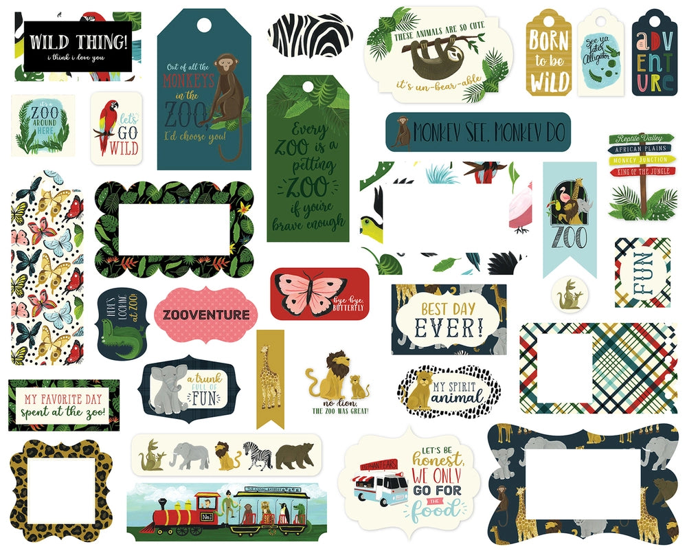Animal Safari Frames & Tags Die Cut Cardstock Pack. Pack includes 33 different die-cut shapes ready to embellish any project. Package size is 4.5" x 5.25"