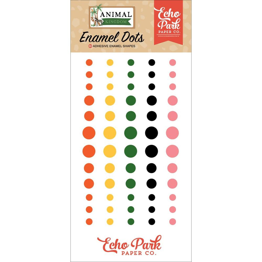 Enamel Dots from the Animal Kingdom Collection by Echo Park Paper. The package includes 60 adhesive enamel dots in various sizes and bold colors.